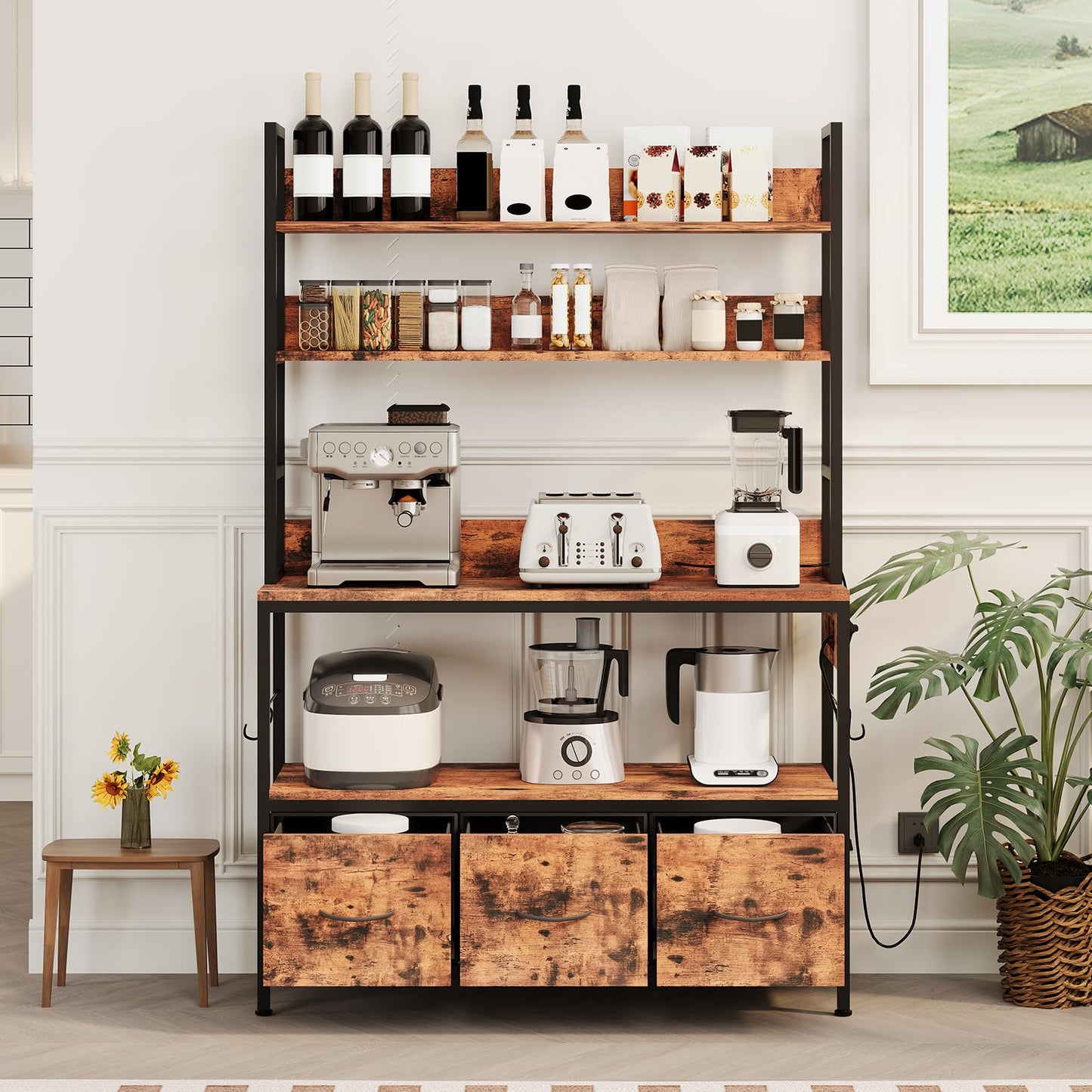Garvee Kitchen Bakers Rack with Storage and Power Outlet, 5-Tier Industrial Microwave Stand with Drawers and Open Shelves, Metal Frame, Farmhouse Coffee Bar Cabinet, Brown