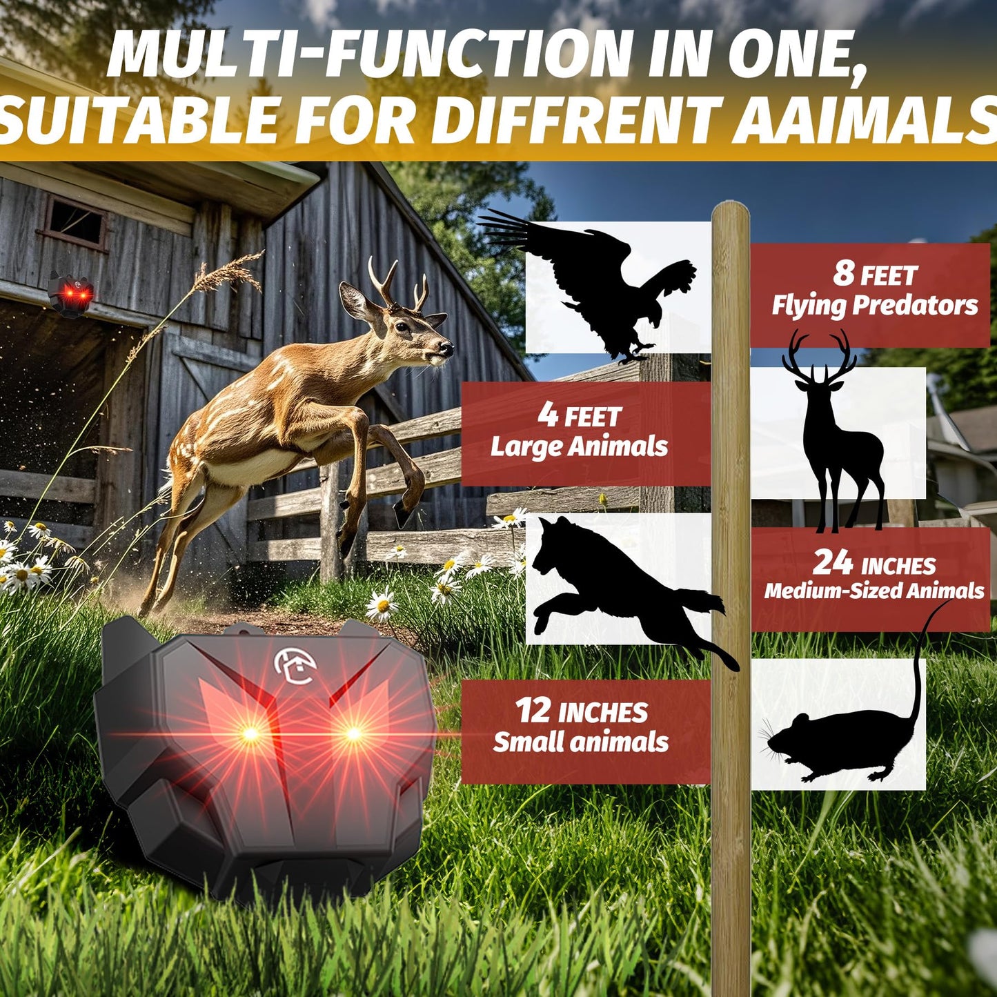 X-octenol Solar Powered Racoon Repellent Devices with Flashing Lights, Waterproof Coyote Deterrent Device Energy-Efficient Predator Lights for Chicken Coop