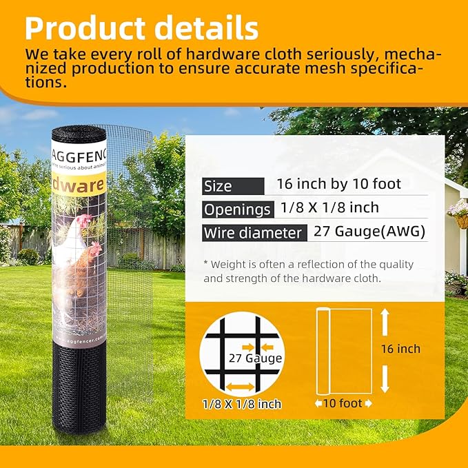 16in x 10ft Black Hardware Cloth 1/8 inch 27Ga PVC Coated Wire Mesh Vinyl Coated Galvanized Wire Mesh Screen Roll, Welded Metal Chicken Wire Fencing, for Garden Plant Fencing Bee Screen