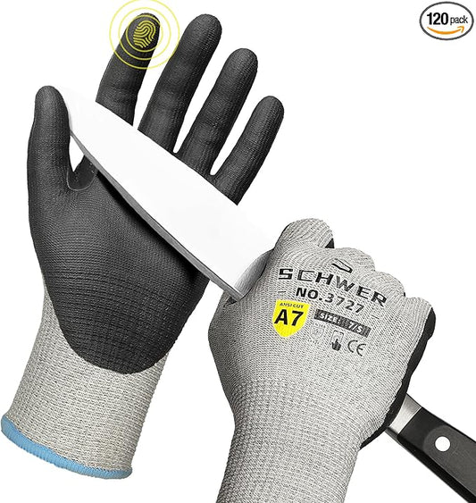 120 Pairs High Level Cut Resistant Work Gloves for High Risk Work, ANSI A7 Cutting Gloves with Reinforced Thumb, Used for WoodWorking, Construction, Non Slip, Durable, Breathable & Cool, S, PR3727