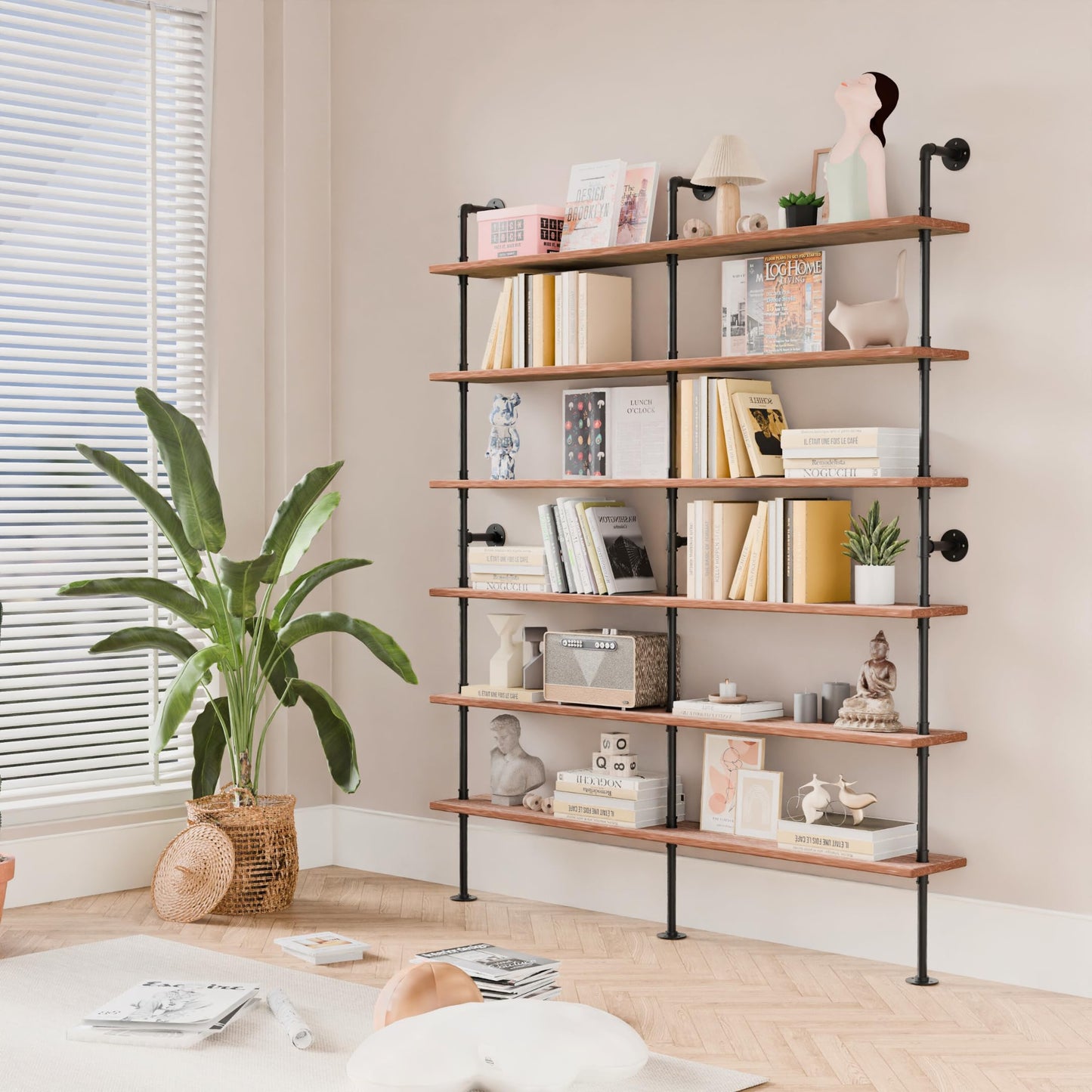 Anynice Industrial Ladder Shelf Bookcase, Wall Mounted Rustic Bookshelf, Retro Wood Metal Pipe Industrial Shelves for Living Room(Weathered Brown, 6 Tier - 10" D x 70" W x 82.5" H)