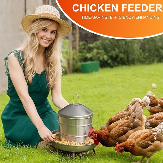 17.8lb Stainless Steel Hanging Chicken Feeder, Metal No Waste Poultry Feeder, Rustproof, Reusable, Long-Lasting, Gravity Feed Chicken Coop Accessories for Chicken, Geese, Duck, Hens, Rooster, Chick