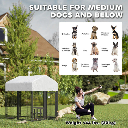 PawHut 4' x 4' x 4.5' Outdoor Dog Kennel, Welded Wire Dog Kennel Outside Run with 360° Rotating & 4 Level Adjustable Bowls, Waterproof & UV Resistant Cover, for S&M Breeds, Chickens, Ducks, Silver