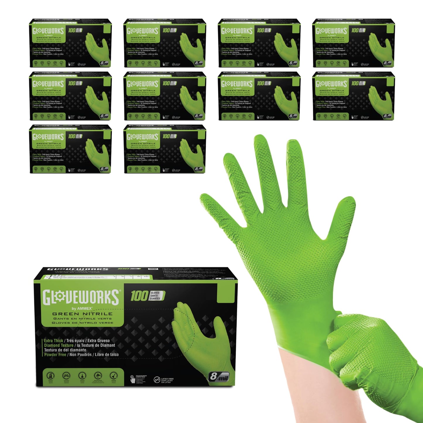 GLOVEWORKS HD Green Nitrile Industrial Disposable Gloves, 8 Mil, Latex-Free, Raised Diamond Texture, Large, 10 Boxes of 100
