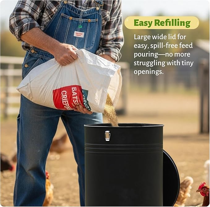 KOL 75 LB Large Free Standing Chicken Feeder, Portable Gravity Chicken Feeder Automatic, Dispenser, 8 Feeding Ports Poultry Feeder for Chicken Rooster & Hen (Black)