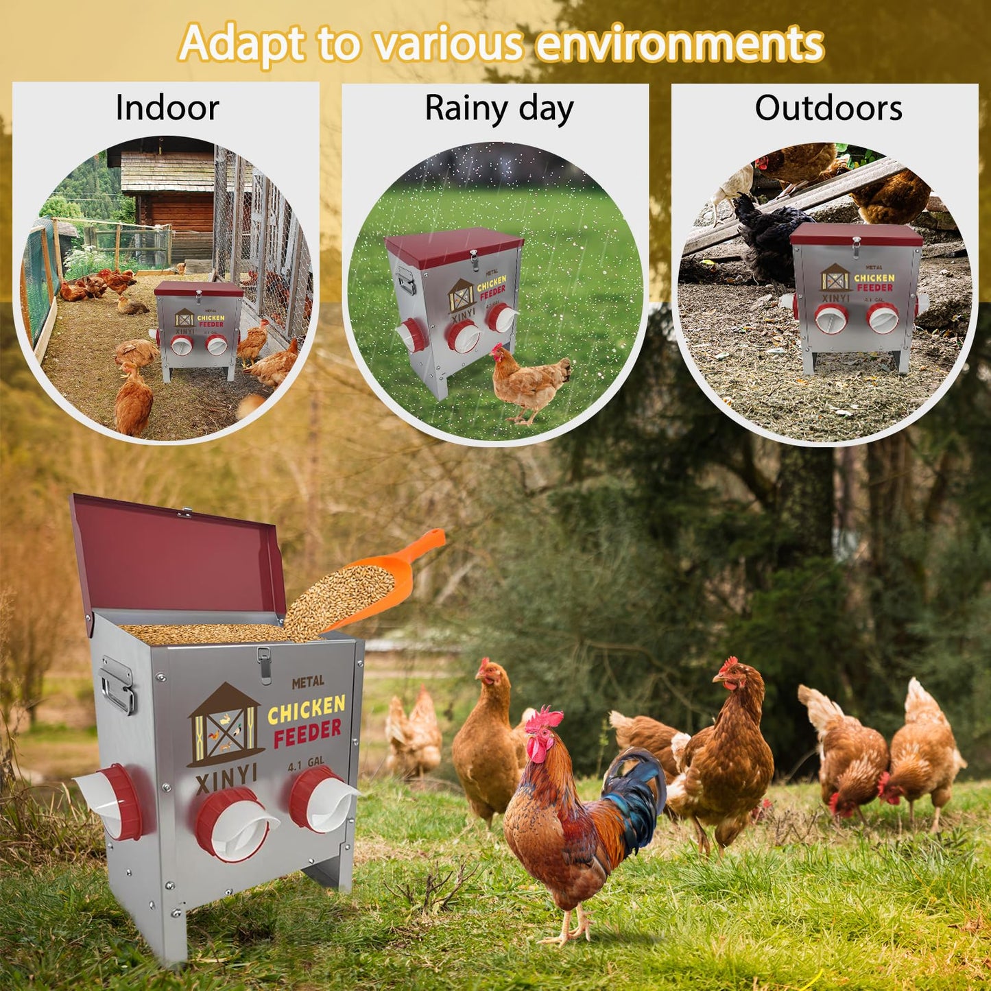 Automatic Chicken Feeder 4 Ports 25lbs Metal Poultry Pro Feeder No Waste Rodent Proof Weatherproof Chicken Food Dispenser System 4.1 Gallon