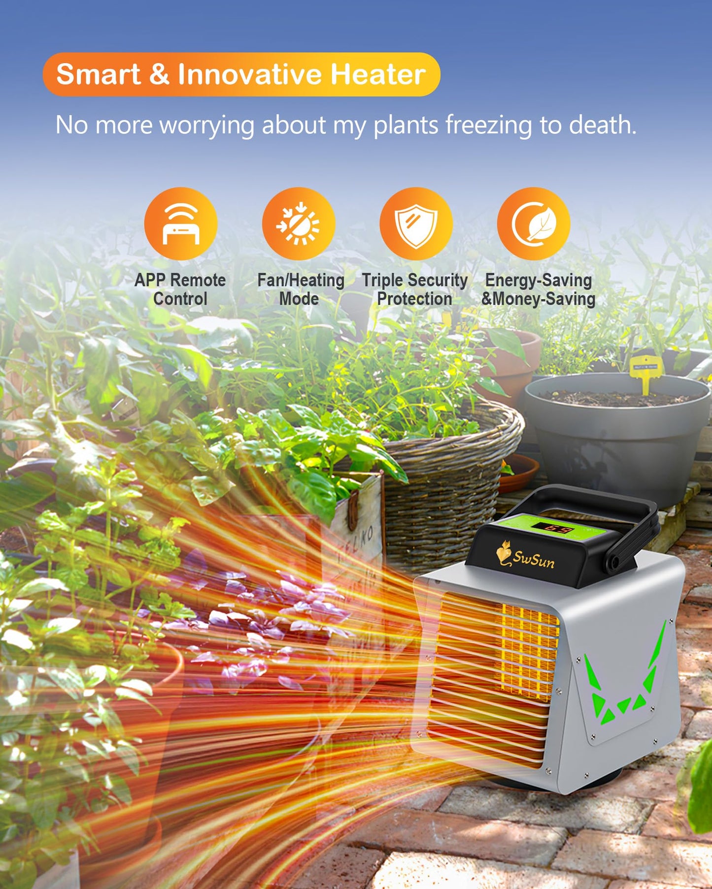 1500W Greenhouse Heater with APP Remote Control & Smart Control Panel, Portable Outdoor Heater for Plants & Vegetables, Smart Safe for Greenhouse, Garage, Grow Tents, Sunroom