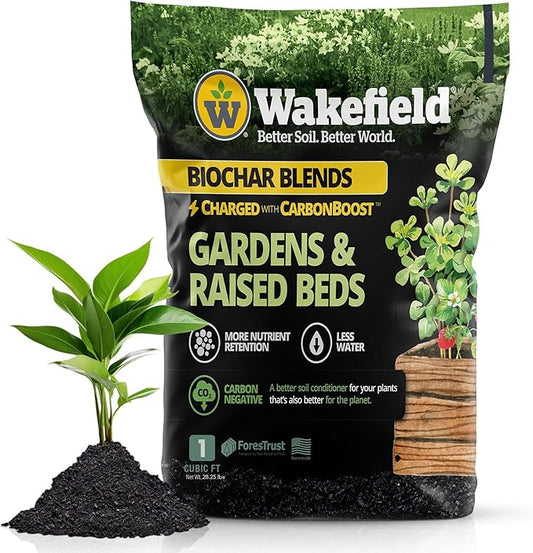 Wakefield Biochar Blend with CarbonBoost™ Technology – Enhanced Water & Nutrient Retention for Raised Bed Garden Soil - Ultimate Organic Potting Soil Mix for Vegetables, Gardens and Houseplants - 1CF