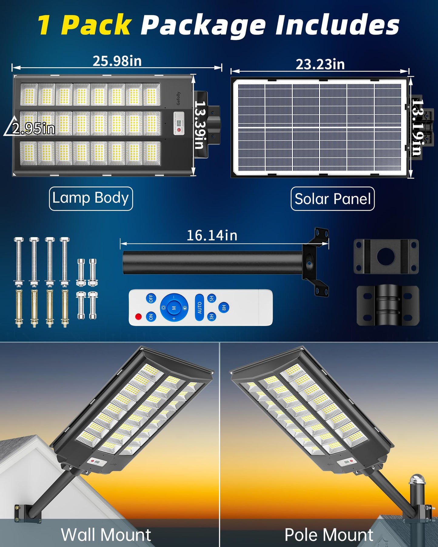 Gefolly SL-8600W Solar Street Light Outdoor, Wide Angle 680000LM Commercial Parking Lot Light Dusk to Dawn 6500K Flood Security IP67 with Motion Sensor Lamp for Yard, Basketball Court