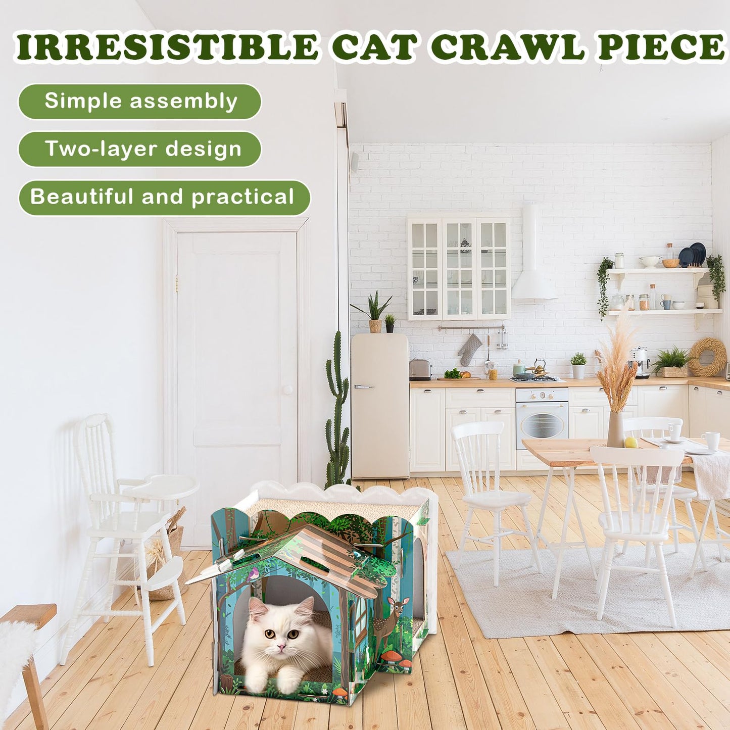 Lineshading Multi Level Cardboard Cat House with 3 Scratchers Forest Theme Large Sturdy Cat Villa 17"x12"x10" Cute Pet Condo Beds Toys Hideout for Bunny Small Animals Birthday Forest Theme Party