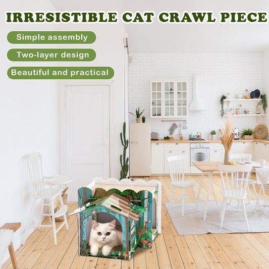 Lineshading Multi Level Cardboard Cat House with 3 Scratchers Forest Theme Large Sturdy Cat Villa 17"x12"x10" Cute Pet Condo Beds Toys Hideout for Bunny Small Animals Birthday Forest Theme Party