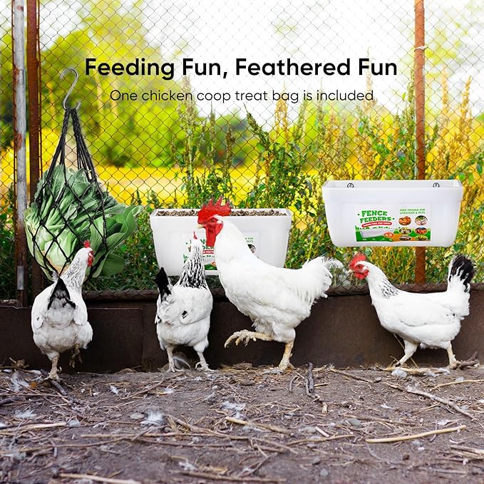 4 Pack Chicken Feeders, 4.5 Quart Goat Hanging Fence Feeders, with Hooks, Screws, & Chicken Coop Treat Bag, Livestock Feeders Water Bucket for Chickens, Ducks, Dogs, Cows, Sheep, Rabbits