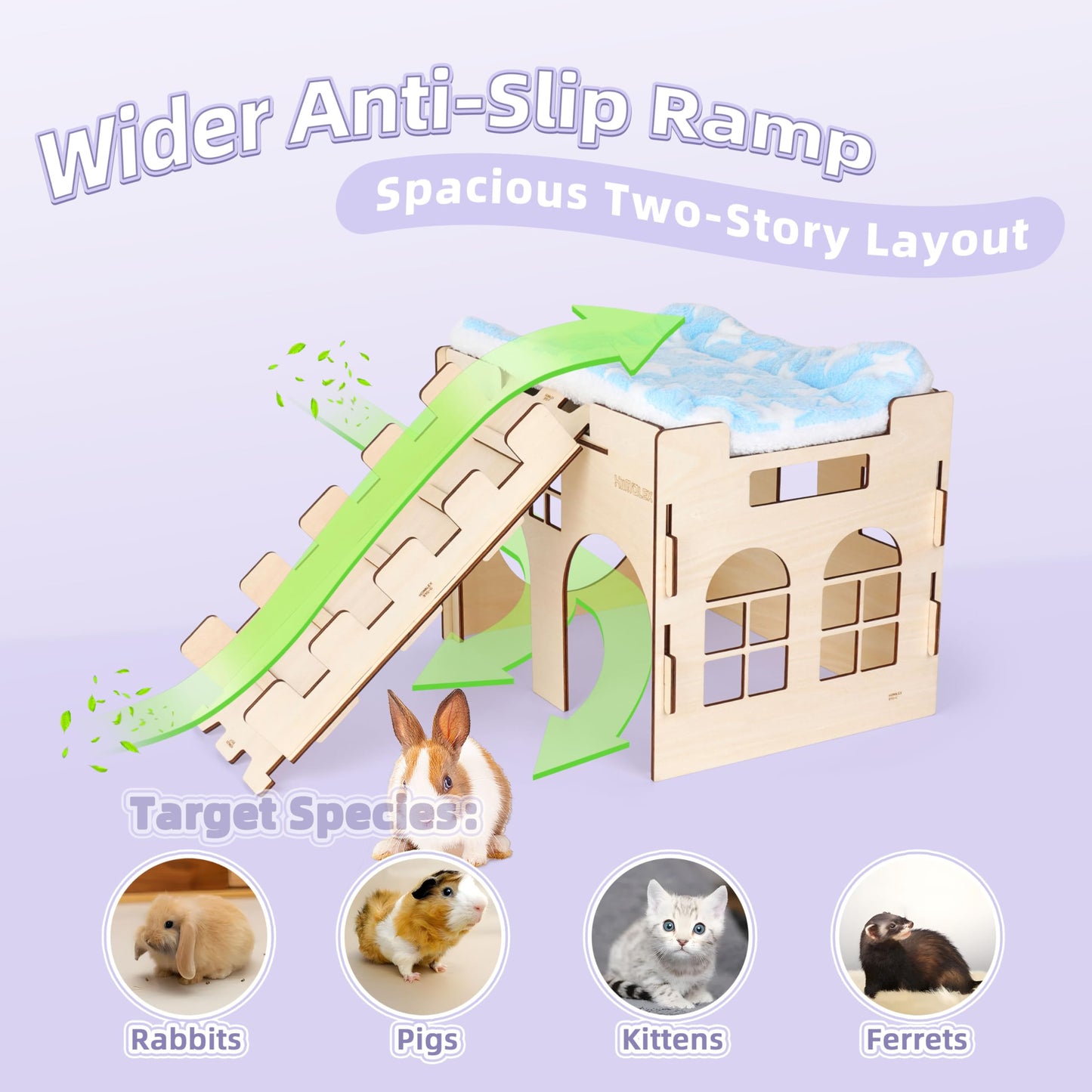 HIIMALEX Extra Large Sturdy Bunny Hideout Wooden Rabbit Castle with Ramp Indoor House Habitat for Rabbits Hamsters Guinea Pigs Ferrets Bunnies