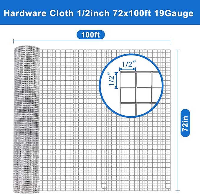 1/2 inch 6ft. x 100ft. Hardware Cloth 19 Gauge - Versatile Chicken Wire Mesh Roll for Welded Wire Fencing, Rodent Control, Garden Accessibility