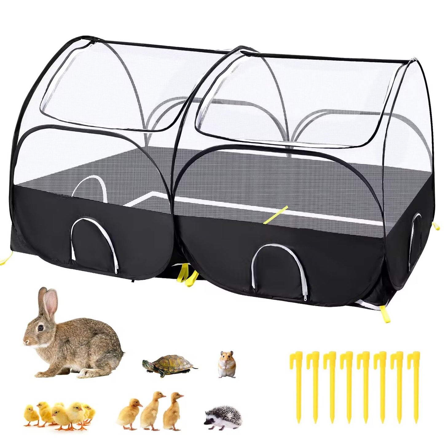 SlowTon Small Animals Playpen, Portable Large Chicken Run Coop with Detachable Bottom Breathable Transparent Mesh Walls, Foldable Pet Enclosure for Puppy Kitten Rabbits Outdoor Indoor (B,Sloping Top)
