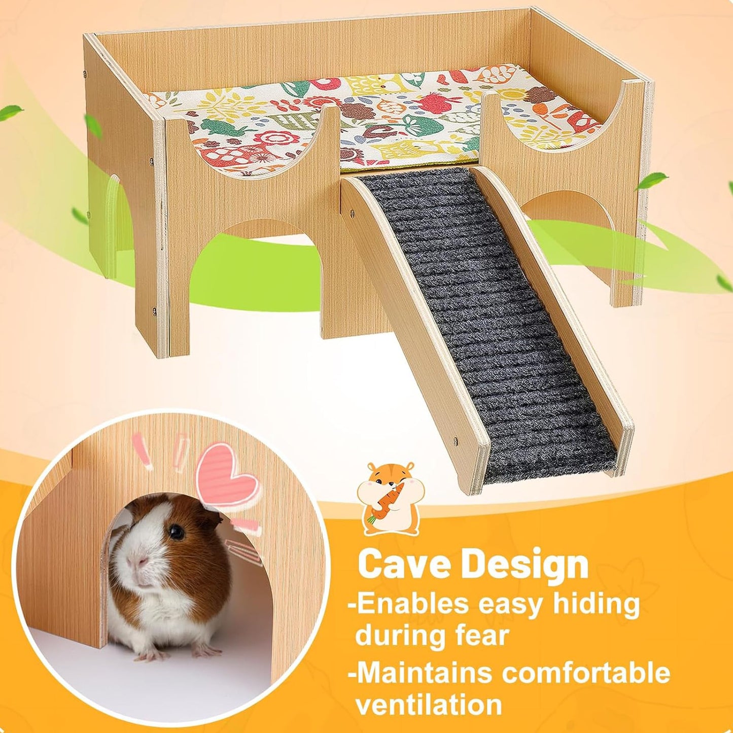 Guinea Pig Castle Hideout, Wooden Small Animal House with Stairs, Habitat Hut for Hamsters, Chinchillas, Bunny (Small)