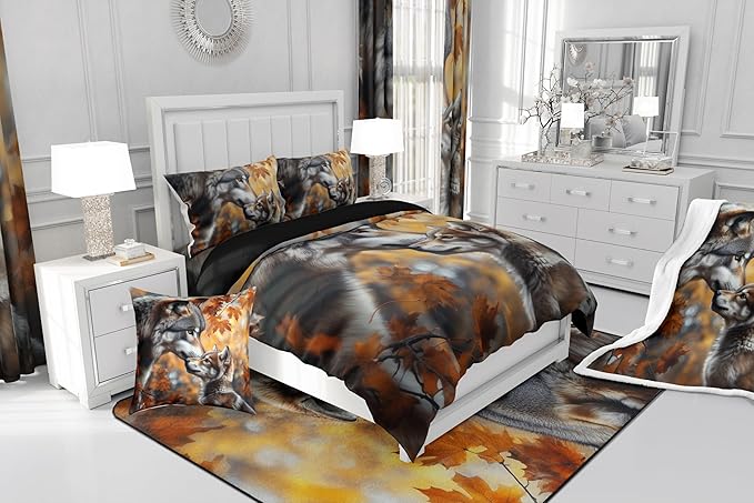 Wolves Toddler Bedding Set for Adults,Jungle Safari Animal Comforter Set Bed Set Men Bedroom Decor,3D Wolf Family 2 Pieces Quilt Set,Autumn Botanical Plants Quilt Set Insert,1 Pillow Case