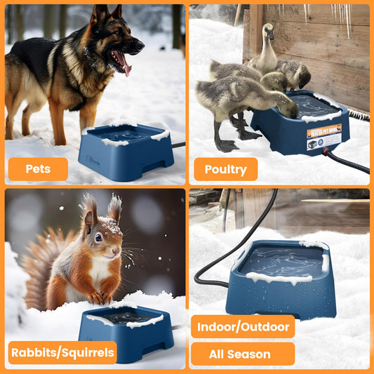 PETSOLON Heated Water Bowl for Dog & Cat, 3 L/ 101 oz Heated Dog Bowl for Winter, Heated Pet Bowl for Indoor/Outdoor, Large Heated Waterer for Pets & Poultry, Constant 39℃/ 102℉, 110V 38W, Blue