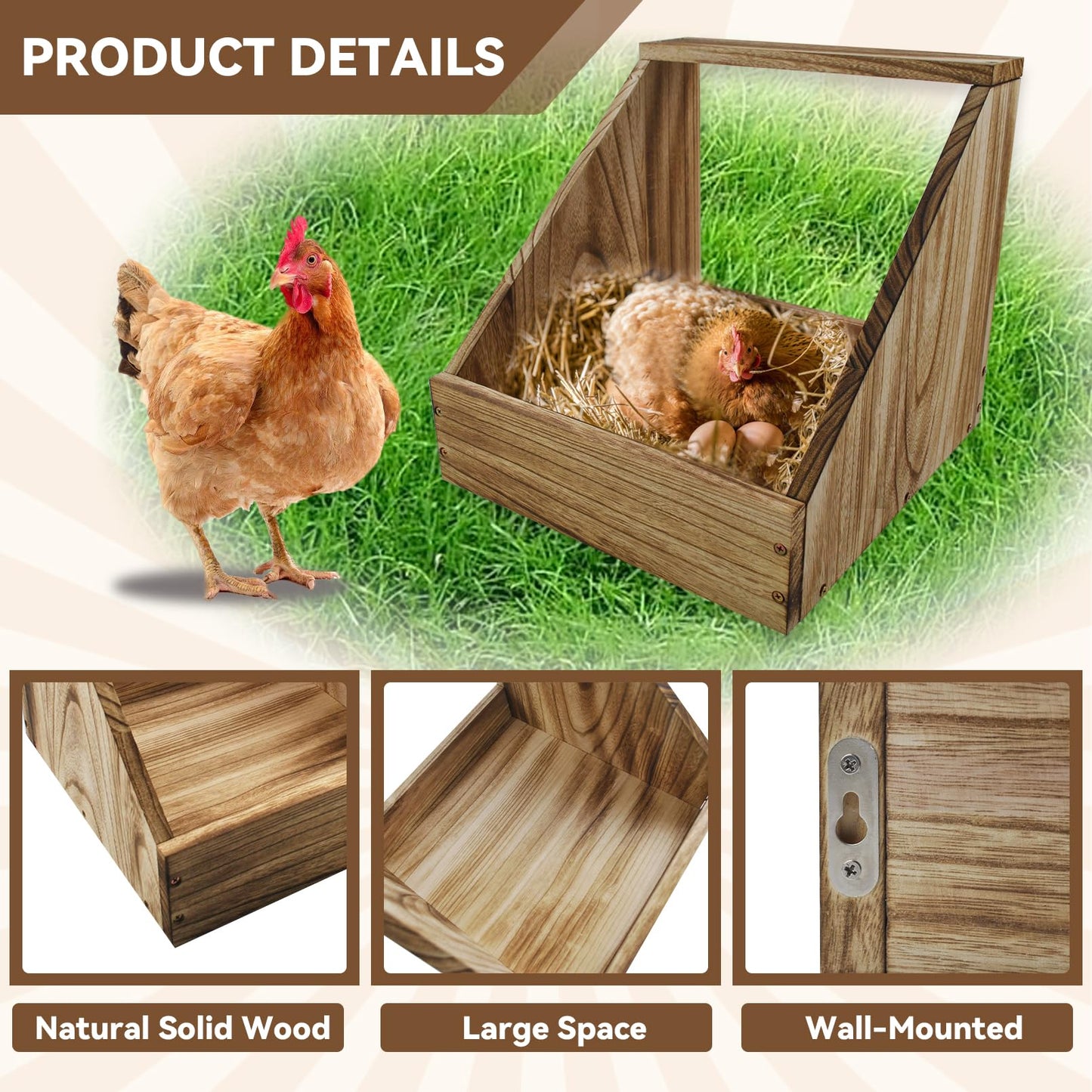 MUYG Chicken Nesting Box,Wooden Single Compartment Chicken Nesting Boxes Chicken Coop Accessories Easy Assembly Hen Nest Boxes Large Duty Laying Nest Box for Chickens Hens Ducks Poultry