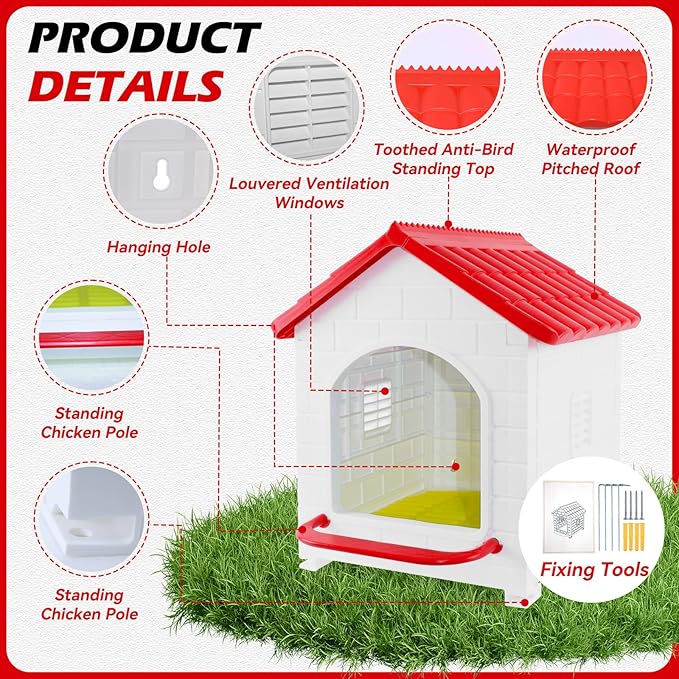 Single Compartment Chicken Nesting Box, Waterproof Plastic Chicken coop, Wall Floor DIY Nest Box for Hens, Ducks, Rabbits and Other Poultry,Red