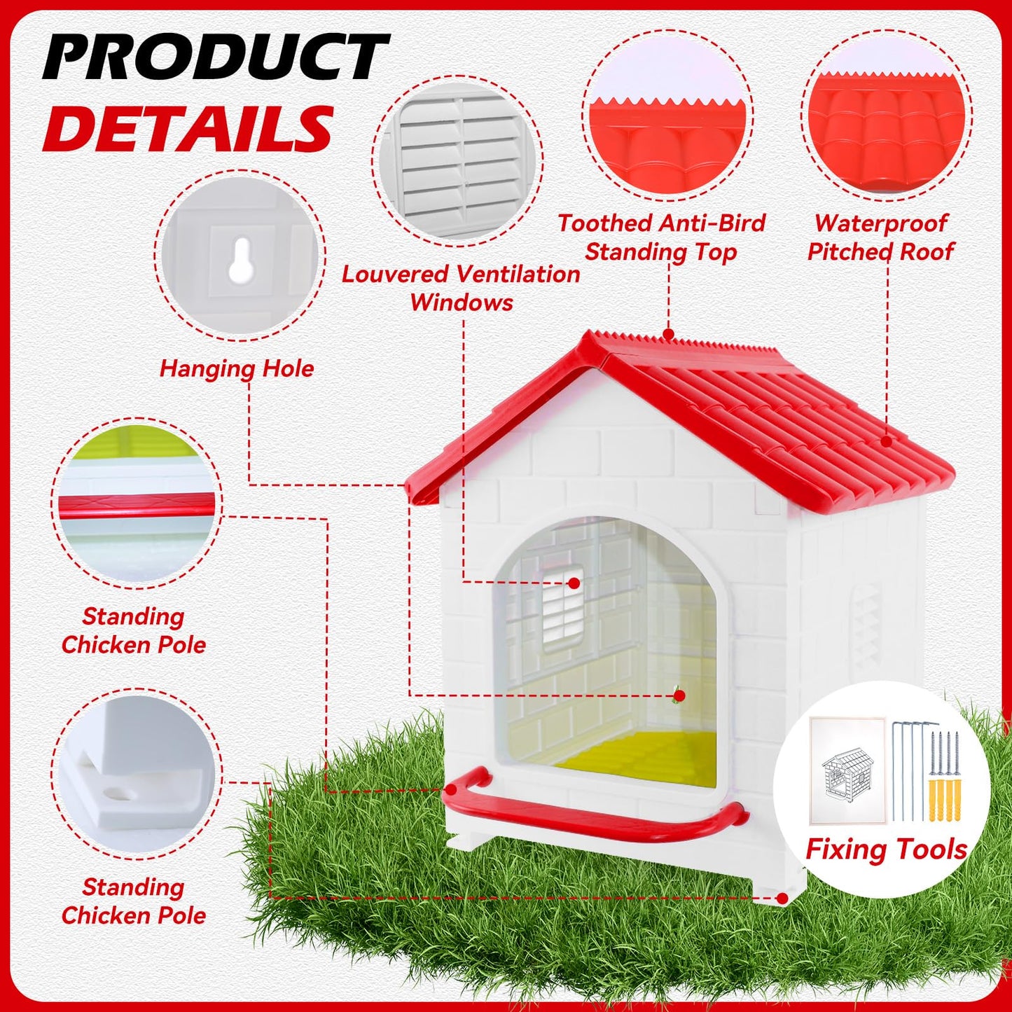 Single Compartment Chicken Nesting Box, Waterproof Plastic Chicken coop, Wall Floor DIY Nest Box for Hens, Ducks, Rabbits and Other Poultry,Red