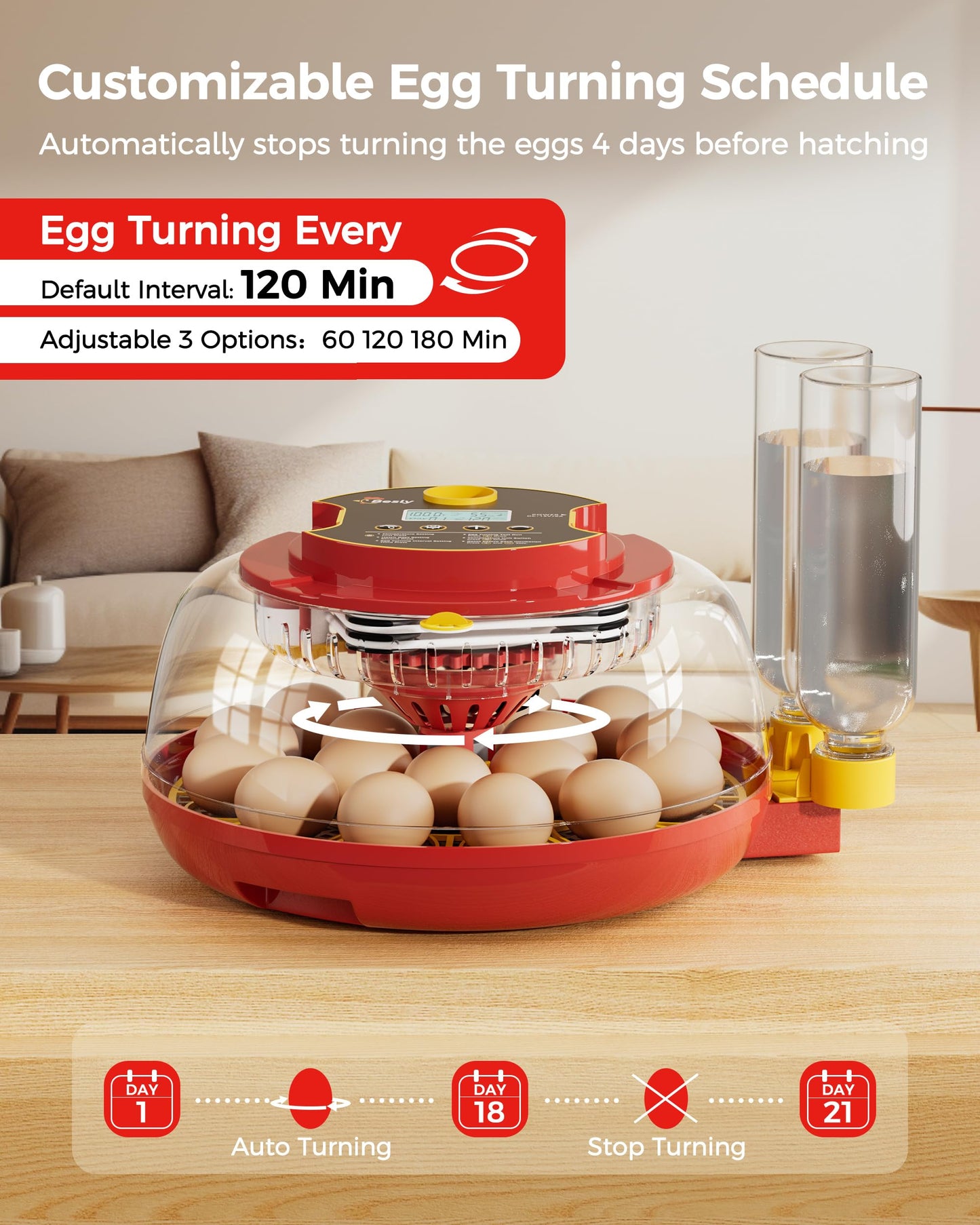 18 Egg Incubator with Automatic Egg Turning and Humidity Control, 360° Viewing, Dual Size Egg Trays for Chicken, Duck, Goose, Turkey, Quail, and Parrot Eggs, Ideal for Farm, Classroom, Home Use