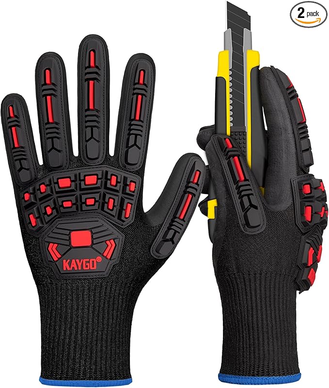 KAYGO Cut Resistant Safety Work Gloves，ANSI Cut level A3,Impact Reducing Work Gloves for Men, TPR Impact Reducing Mechanic,KG30NB,2 Pairs Black,M