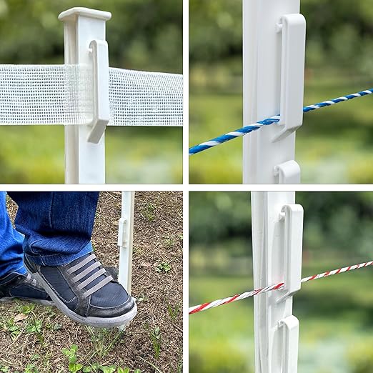 25 Pack Electric Fence Posts, 48 Inch Plastic Step in Fence Post, Temporary Fence Posts for Farm Protection and Livestock, White