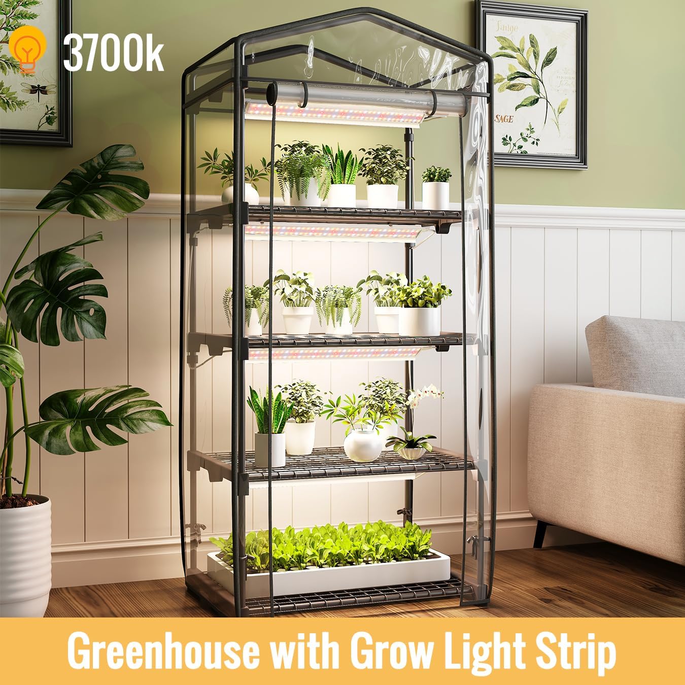 SpeePlant Mini Indoor Greenhouse with Grow Light - 4 Tier Outdoor Portable Greenhouse with Shelves, Waterproof PVC Cover and 4 Dimmable 1.6FT 20W Grow Lights, 26.4"(L) X 19"(W) X 61"(H)
