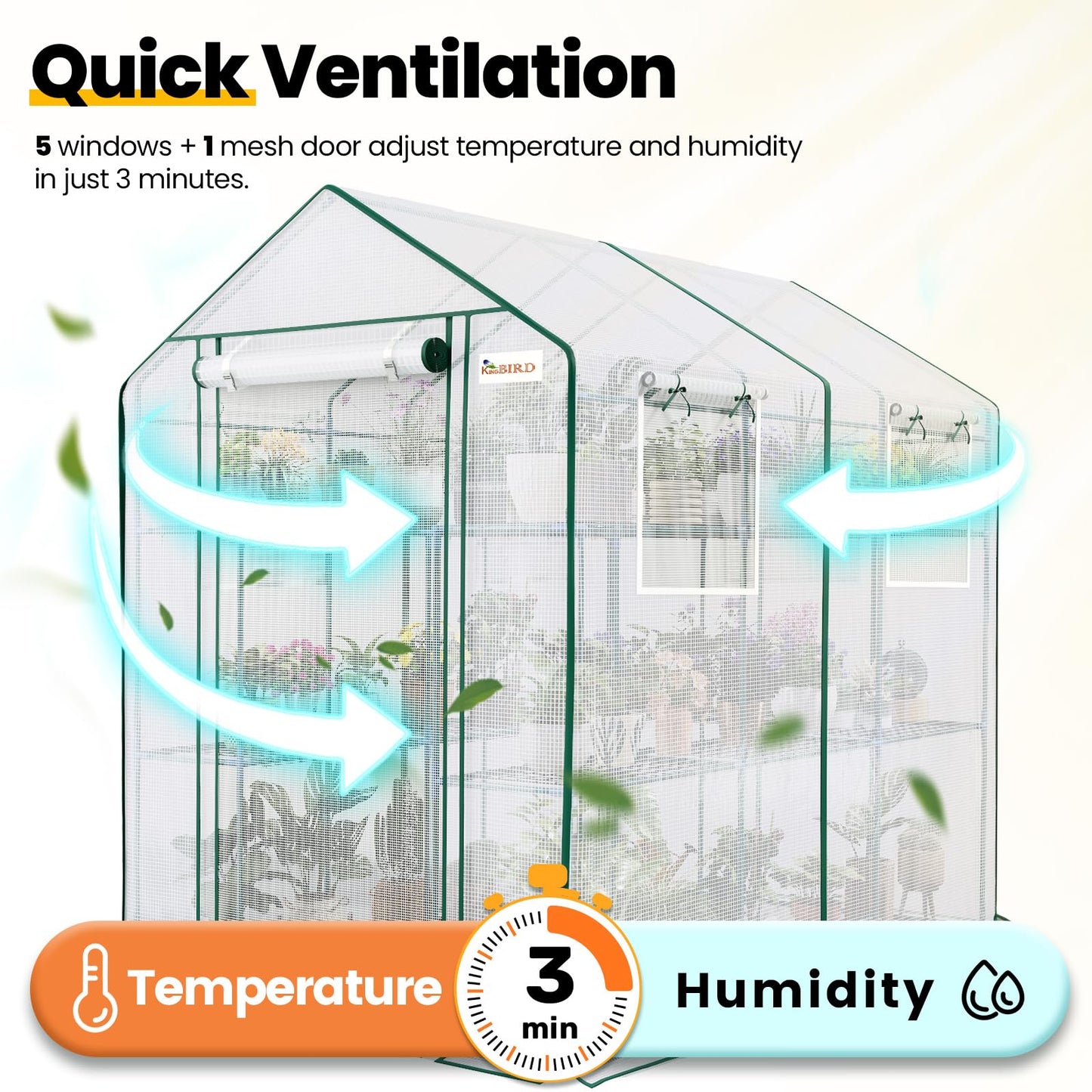 KING BIRD Premium Greenhouse for Outdoors, 84 x 56 x 77 Upgraded PE Cover & Steel Frame Walk in Hot House, w/ Zippered Screen Windows Mesh Door, 3 Tiers 20 Shelves for Outside Garden, White