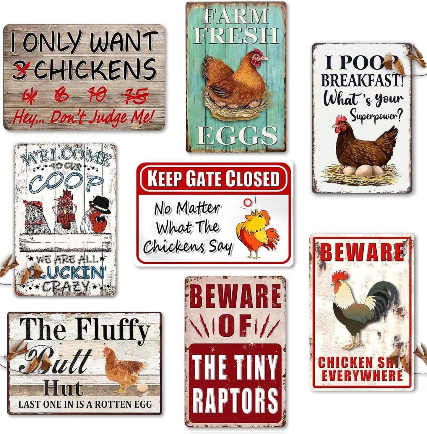 8 Pack Chicken Coop Accessories, Funny Chicken Coop Metal Signs Outdoor Chicken Decor Chickens Farm Personalized Tin Sign Chicken Gifts For Chicken Lovers Chicken House Decor 8×12 Inch