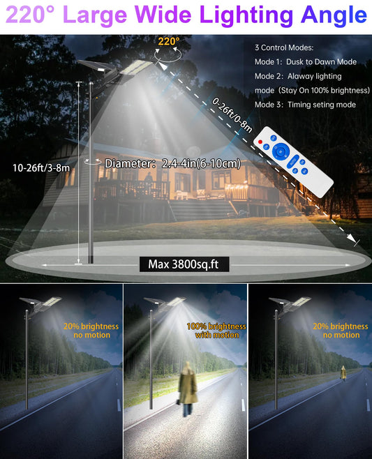 JAYNLT Y-9000W Solar Street Lights Outdoor,6500K 700000LM High Power Parking Lot Lights Commercial Dusk to Dawn, IP67 Waterproof Solar Security Flood Lamps Motion Sensor for Yards, Farm,Road