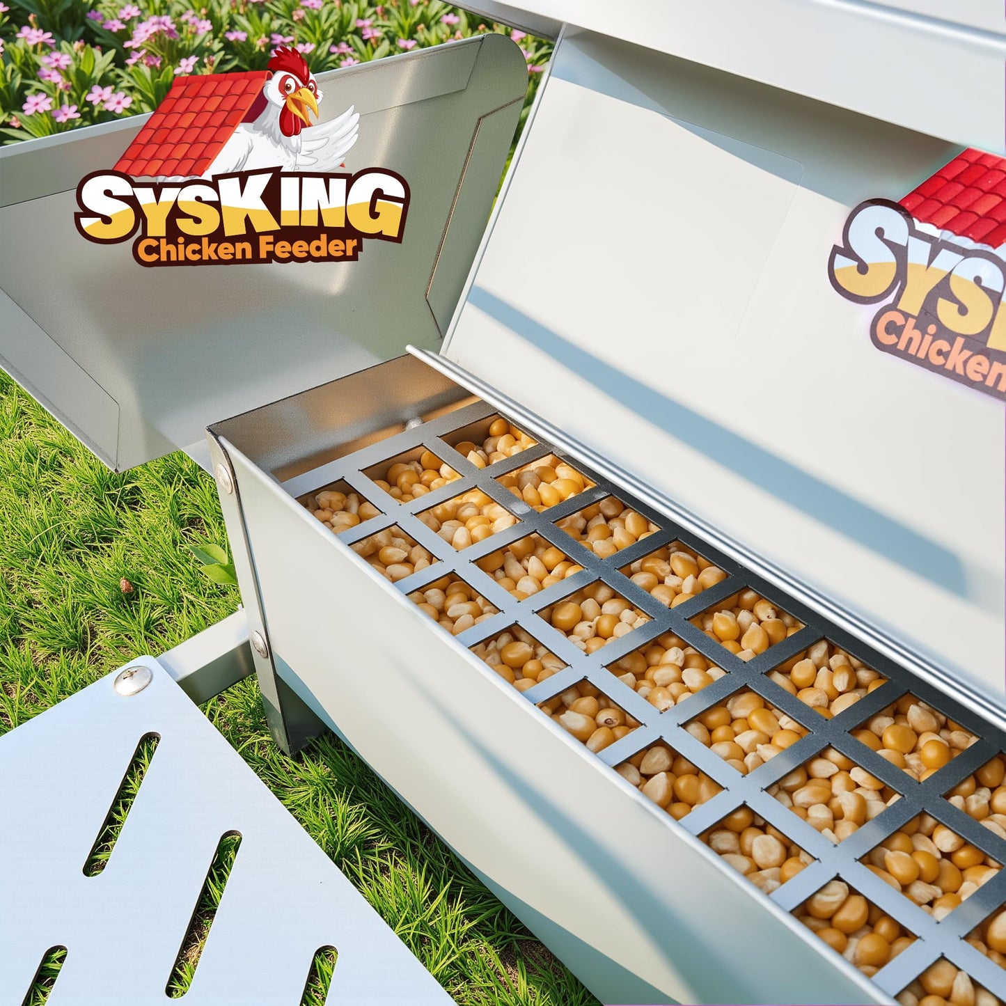 SYSKING Heavy Duty Automatic Chicken Feeder - Metal Chicken Feeders Treadle Operated, Spill Proof Poultry Feeder with Rat Proof Design & Weatherproof Lid | Sturdy Galvanized Steel (25 lb Capacity)