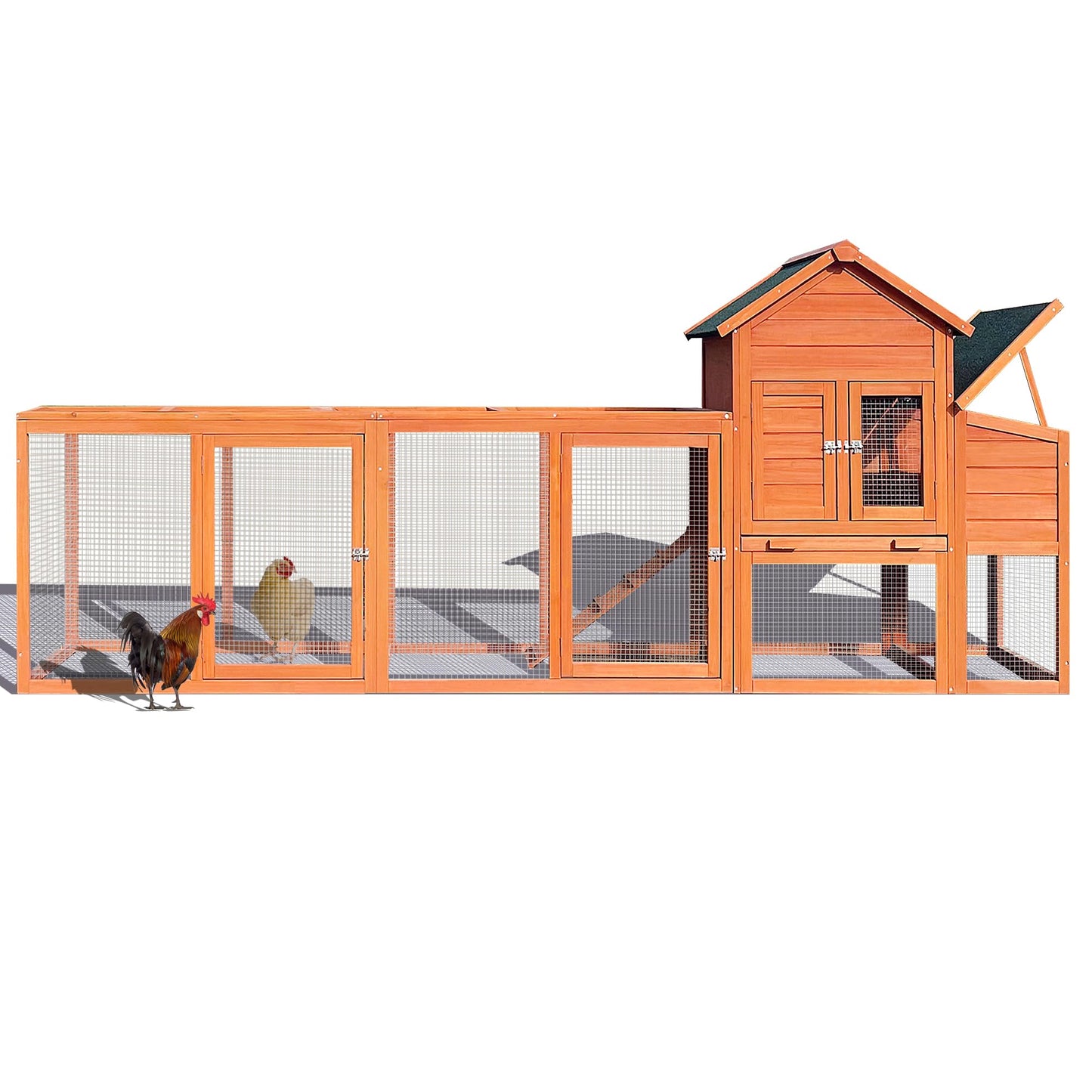 YOPTO 122" Wood Chicken Coop with Nesting Box,Outdoor Chicken Run W/Run&Perch,Wooden Large Hen House W/Ramp&Sliding Trays,Waterproof Poultry Cage W/Sloped Asphalt Roof,for Backyard Farm Use,Natural