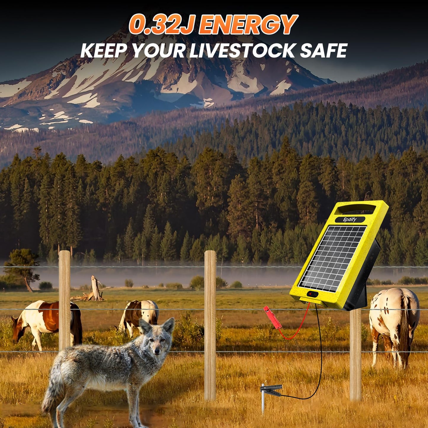 24 Hour Solar Electric Fence Charger, 20 Miles, Up to 10200v Output Range Electric Fence Charger, 0.32J Portable Energizer with Rechargeable Solar Panel for Livestock & Predator Protection