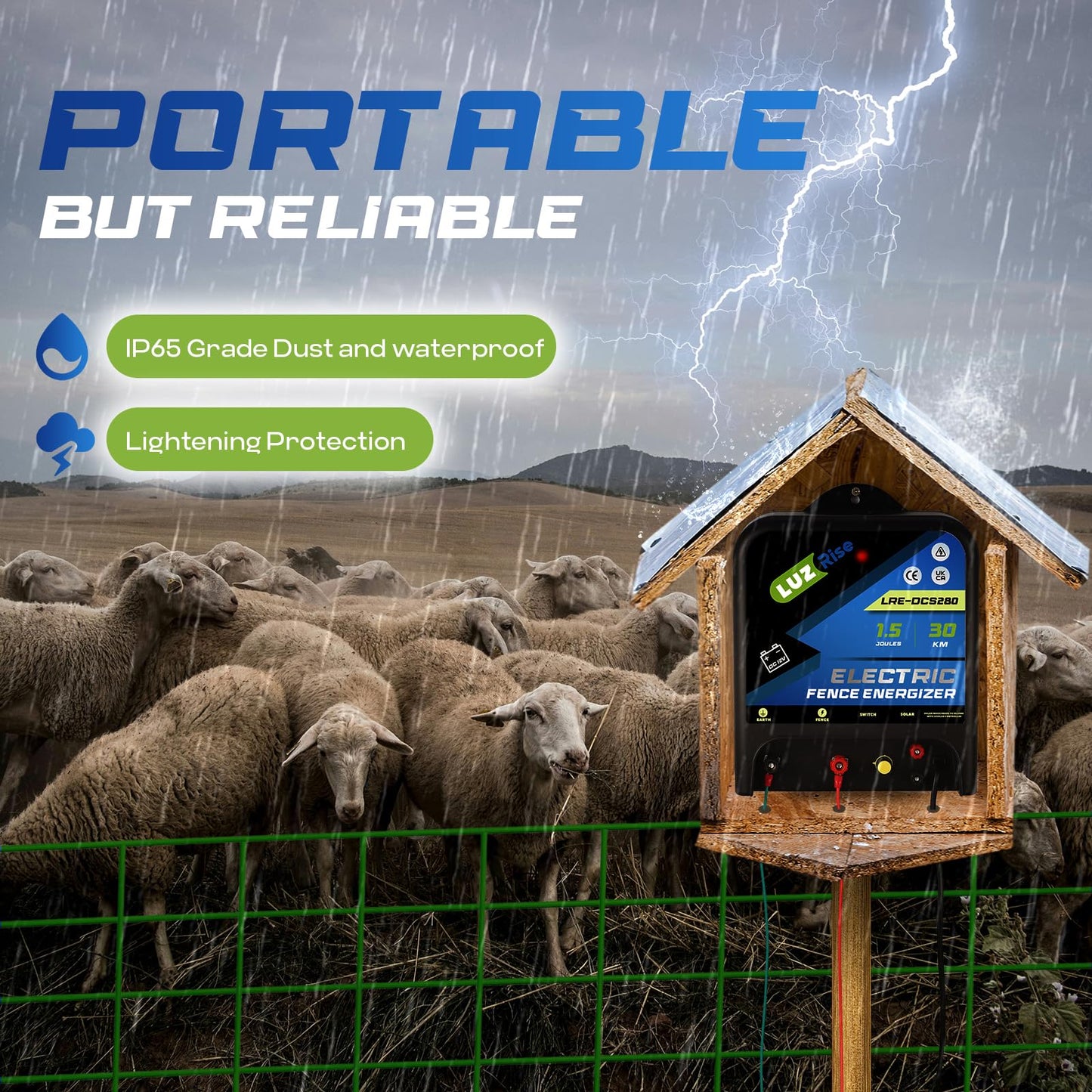 Luzrise 30KM Electric Fence Energizer 2 in 1 Powered by DC Battery or Solar Electric Fence Charger, 1.5 Joules Output with IP65 Waterproof Function for Livestock, Pet, Poultry, Garden (LRE-DCS280)