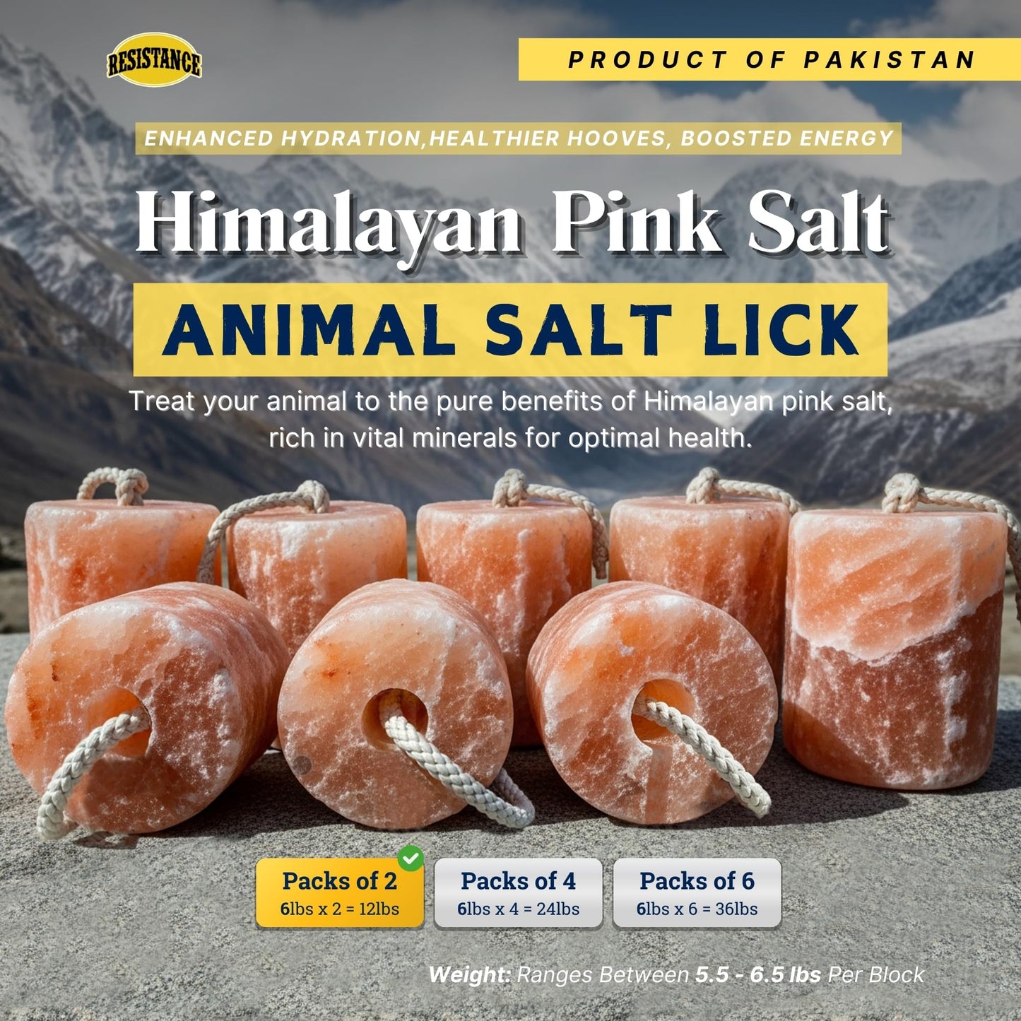 RESISTANCE Pink Himalayan Salt Lick Block with Rope for Horses, Cattle, Deer, Goats, and Livestock - 6 Lbs (Each Block Weight)