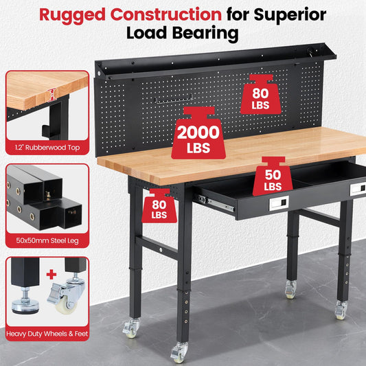 ENJOYWOOD Workbenches for Garage Work Bench with Wheels 60 Inch Adjustable Rubber Wood Top Garage Workbench with Drawers, Pegboard, Power Outlets for Woodworking, Home, Office, Workshop