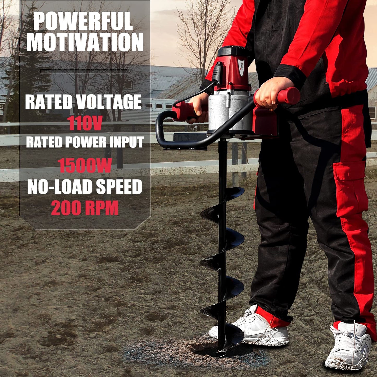 6-Inch & 4-inch Electric Post-Hole Digger with Storage Bag with 3pcs Auger Drill Bit Extension Set(8",12",20")
