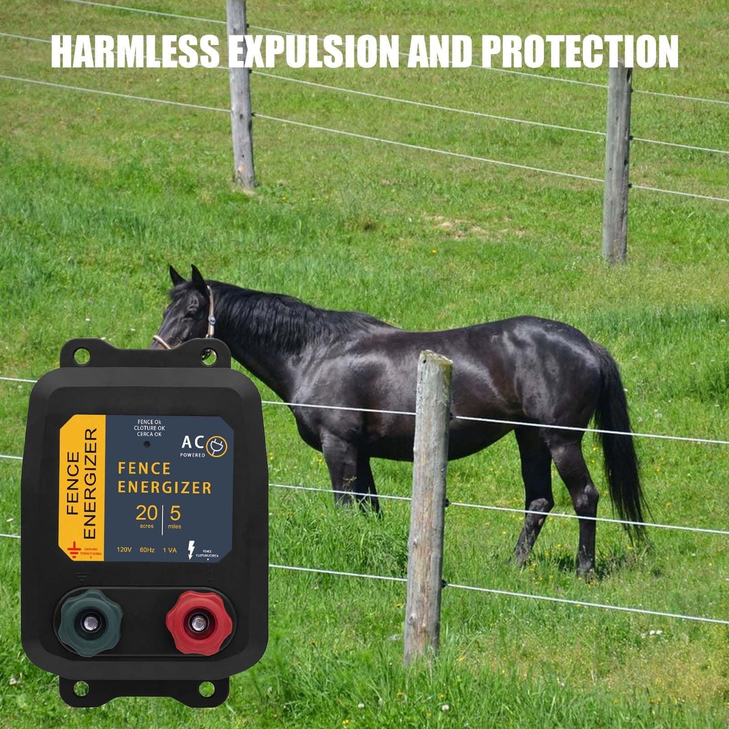 Electric Fence Energizer for Preventing Wild Animals Intruding，PE5 Electric Fence Charger，5-Mile/20 Acres Output Voltage 5000 V 0.2 Joule
