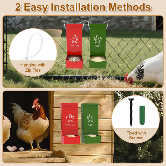 ULENDIS 2 Pack Chicken Oyster Shell Feeder and Grit Feeder, Heavy Duty Metal Automatic Chicken Feeders with Lid, Gravity-Fed Chicks Food Dispenser Hanging Poultry Feeders for Coop Ducks, Pigeons