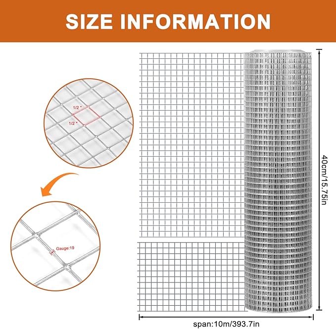 Hardware Cloth, 1/2 inch 36inx50ft 21GA Hot-dip Galvanized Wire Mesh, Wire Fence, Chicken Wire Mesh,Poultry Farming, Garden Fence,Wire Mesh, Tree Protection, Gopher Wire, Rabbit Wire.