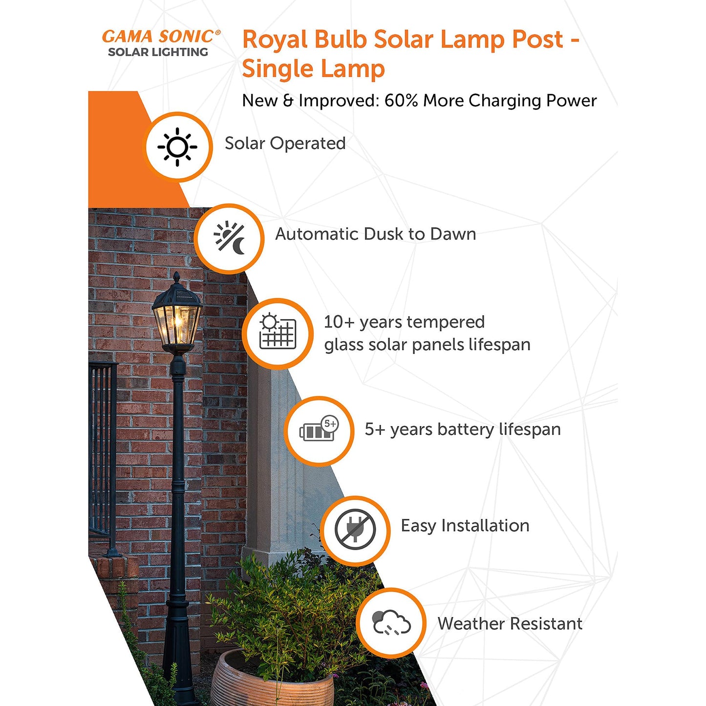 Gama Sonic Solar Outdoor Lamp Post Light, Black Cast Aluminum and Beveled Glass Panels, 10-Year Royal Bulb, Warm White LED with Omni-Direction Reflector, 87-inch Height, 98B001 (Upgraded Panel)