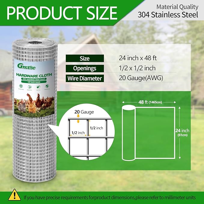 Hardware Cloth 1/2 inch 20 Gauge Large size304 Stainless Steel mesh Chicken Wire Welded Fencing Wire Mesh Roll Garden Fence 24in×48ft