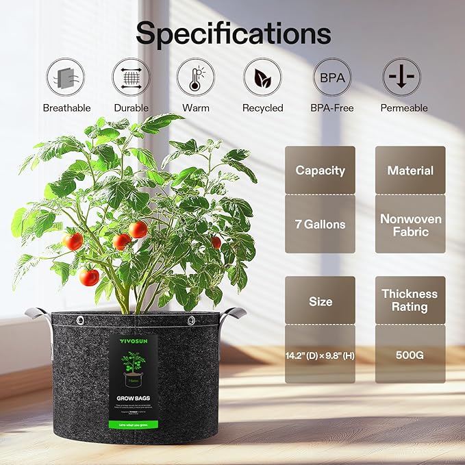 VIVOSUN 5-Pack 7 Gallon Grow Bags, 500G Thick Nonwoven Fabric Pots with Strap Handles, Multi-Purpose Rings, for Low Stress Plant Training Fruits, Vegetables, and Flowers