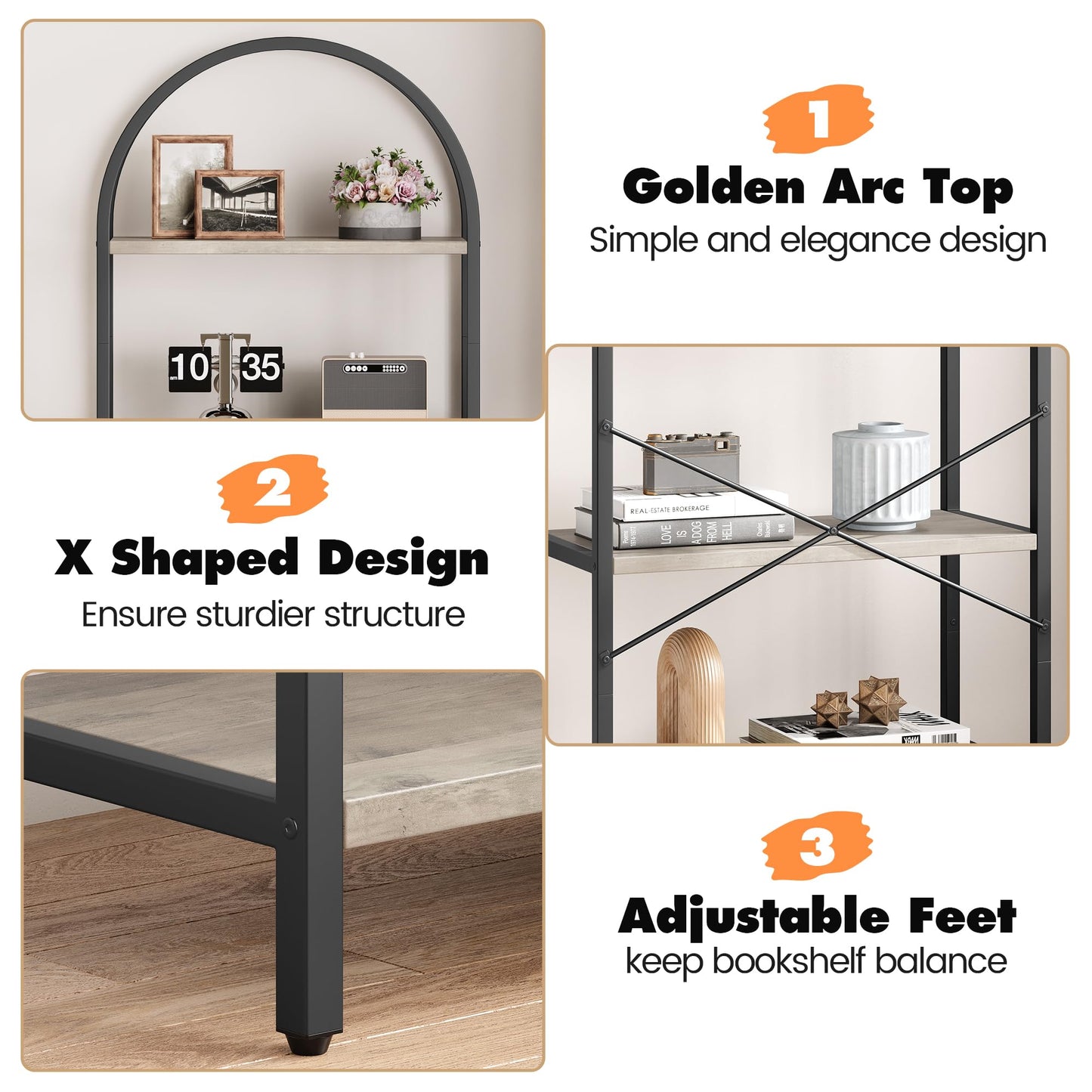 IDEALHOUSE Bookshelf 5 Tier Bookcase Arched Display Racks Tall Standing Bookshelves Metal Frame Modern Storage Rack Shelf Large Wood Book Shelf for Bedroom, Living Room, Home Office