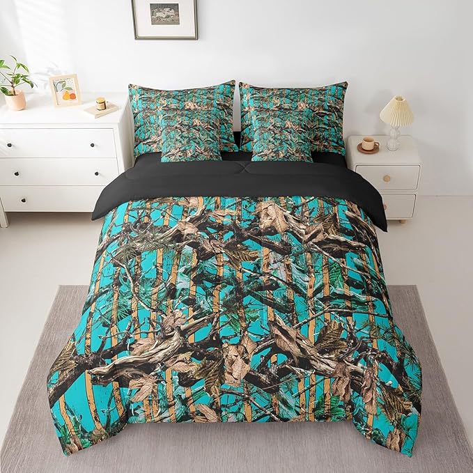 Feelyou Tree Branches 7 Pieces Bedding Set, for Kids Wild Hunting Leaf Bed Set Full Size Botanical Tree Bed in a Bag with Comforter, Sheets, Pillowcases Bedroom Decor Nature Theme Teal Brown