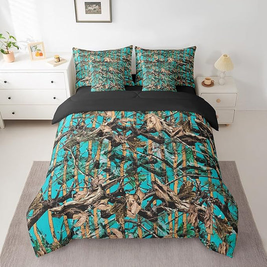 Feelyou Tree Branches 7 Pieces Bedding Set, for Kids Wild Hunting Leaf Bed Set Full Size Botanical Tree Bed in a Bag with Comforter, Sheets, Pillowcases Bedroom Decor Nature Theme Teal Brown