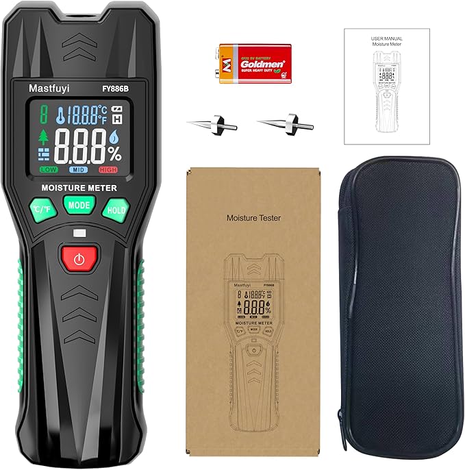 Wood Moisture Meter, Firewood Moisture Tester, Drywall Moisture Detector, Pin Type Water Leak Detector with Visual Alerts for Lumber Logs Concrete Floors Ceiling Building Material Hardwood