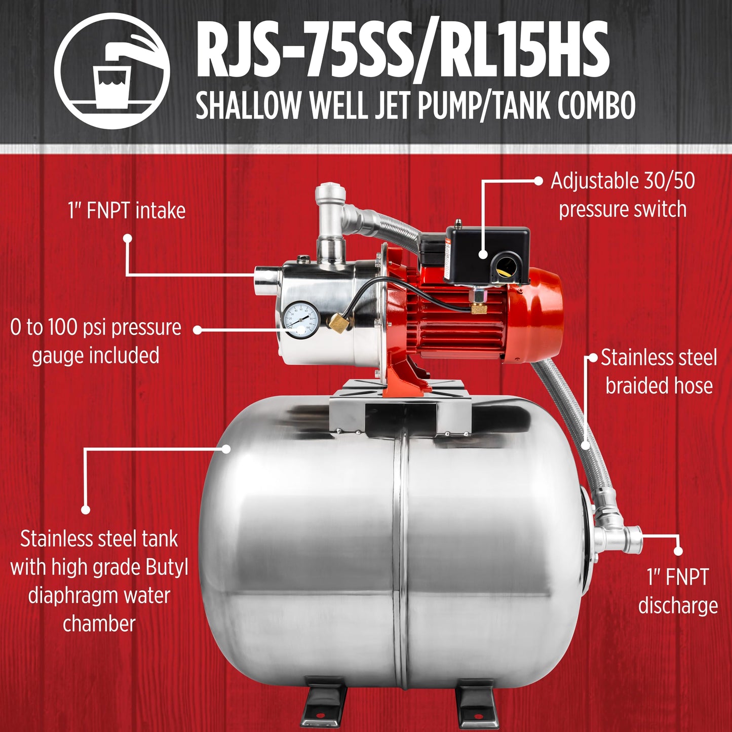 Red Lion RJS-75SS/RL15HS 115/230 Volt 3/4 HP, 12.8 GPM Stainless Steel Shallow Well Jet Pump and 15 Gallon Tank System, Stainless Steel, 602240
